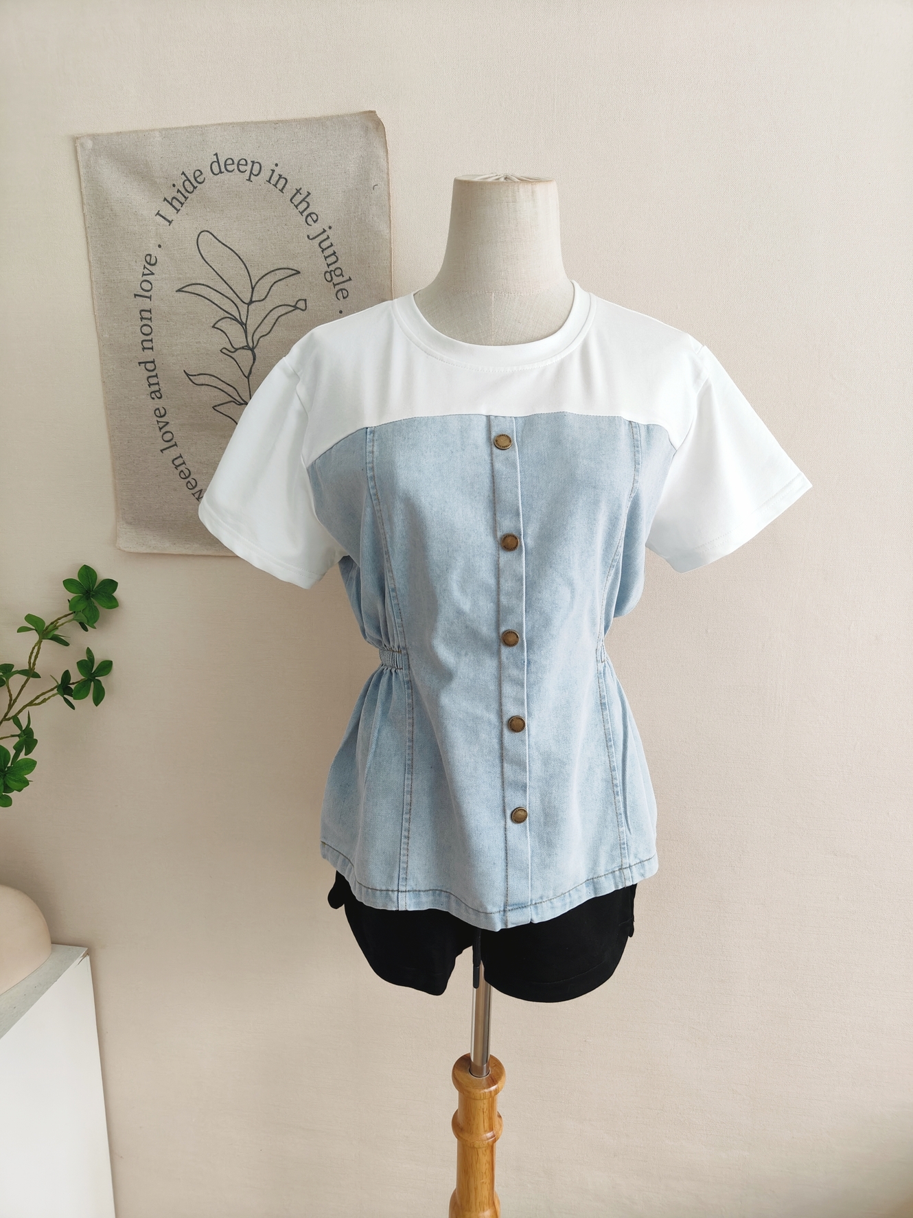 Faux Two-Piece Denim Patchwork Top 假两件牛仔拼接显瘦上衣*4 Colors