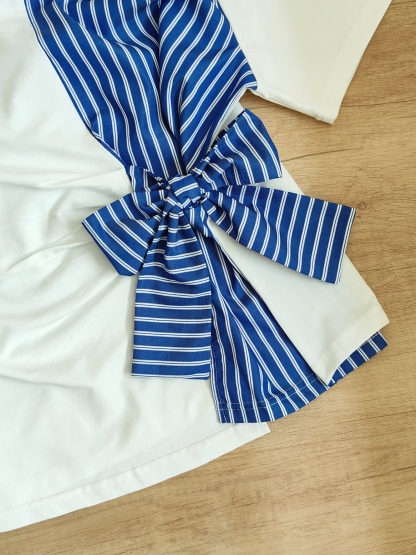 Blue Striped Bow Tie Waist Top蓝白条纹拼接蝴蝶结收腰上衣*5 Colors