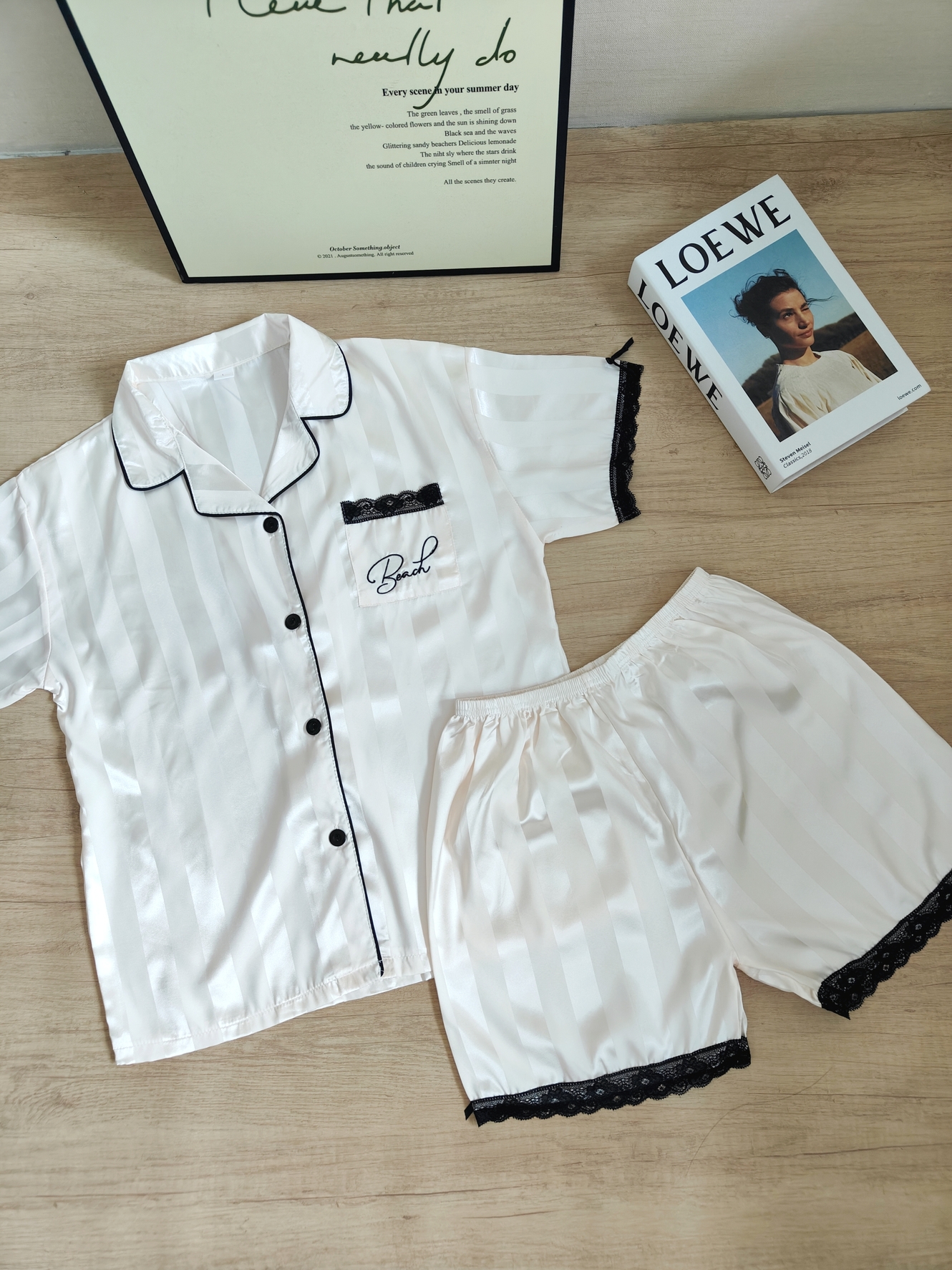 Striped Lace Ice Silk Pajama Set 条纹字母蕾丝边冰丝睡衣套装