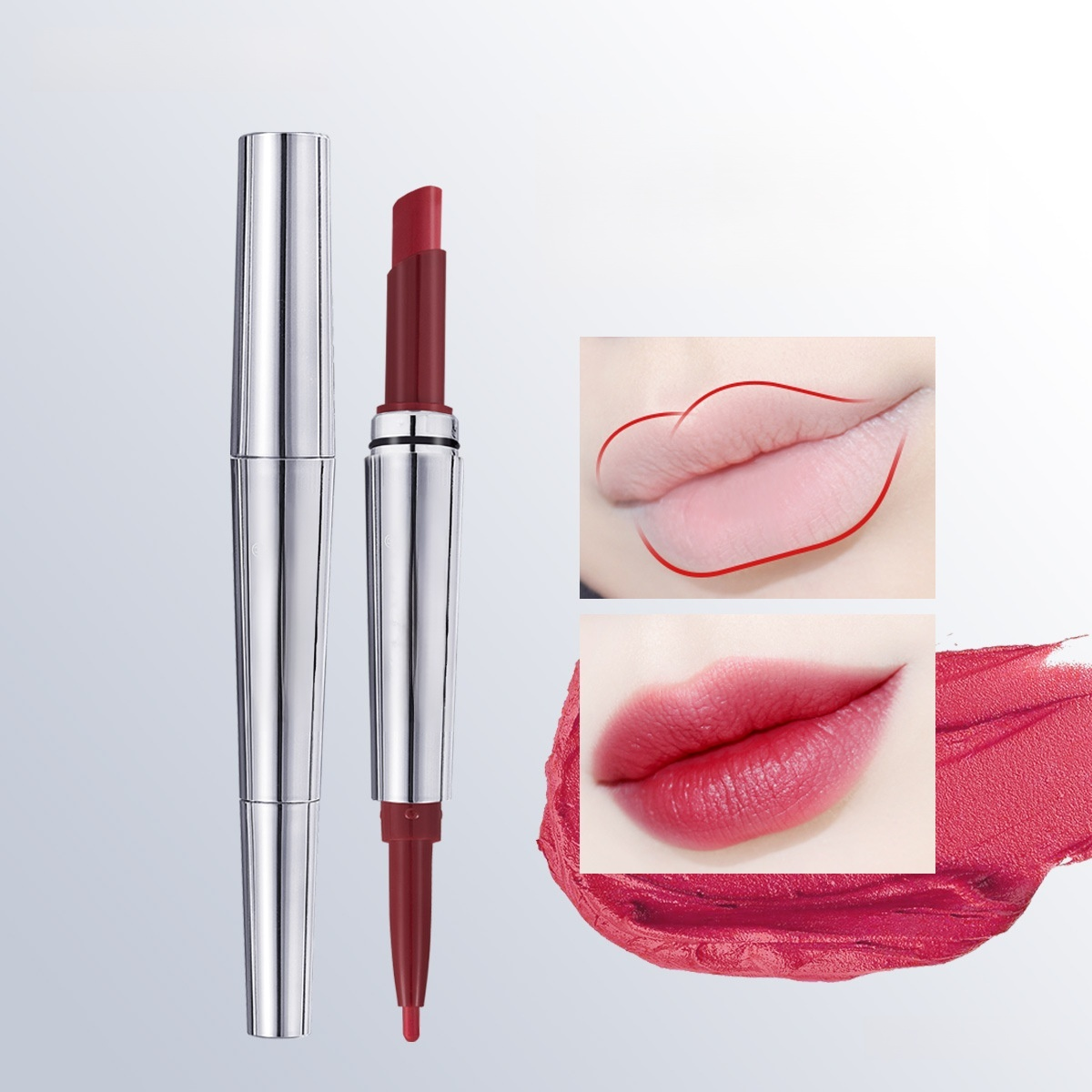 ลิปสติกและดินสอเขียนขอบปากไม่ติดแก้วแบบสองหัว 