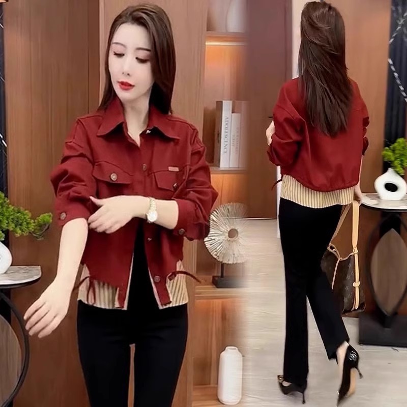 เสื้อแจ็คเก็ตสั้นเย็บต่อแฟชั่นแมทช์ง่ายดูผอม 