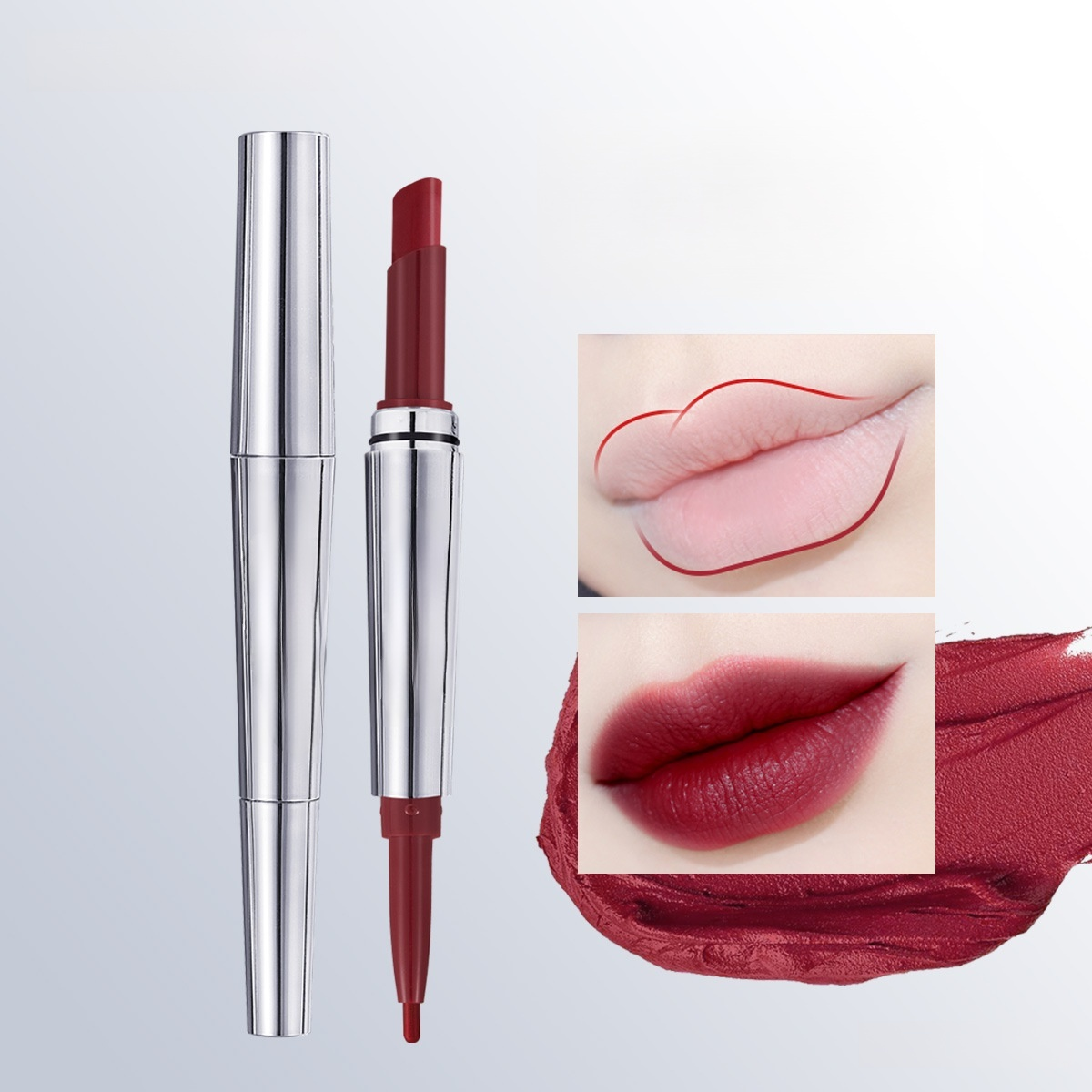 ลิปสติกและดินสอเขียนขอบปากไม่ติดแก้วแบบสองหัว 