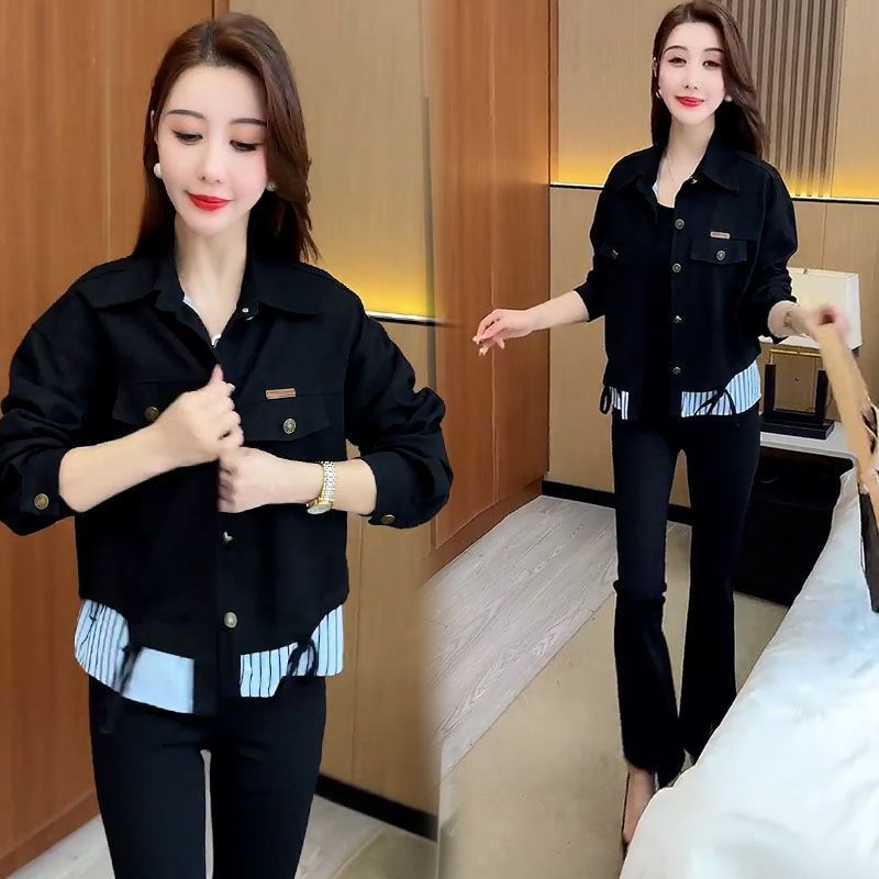 เสื้อแจ็คเก็ตสั้นเย็บต่อแฟชั่นแมทช์ง่ายดูผอม 