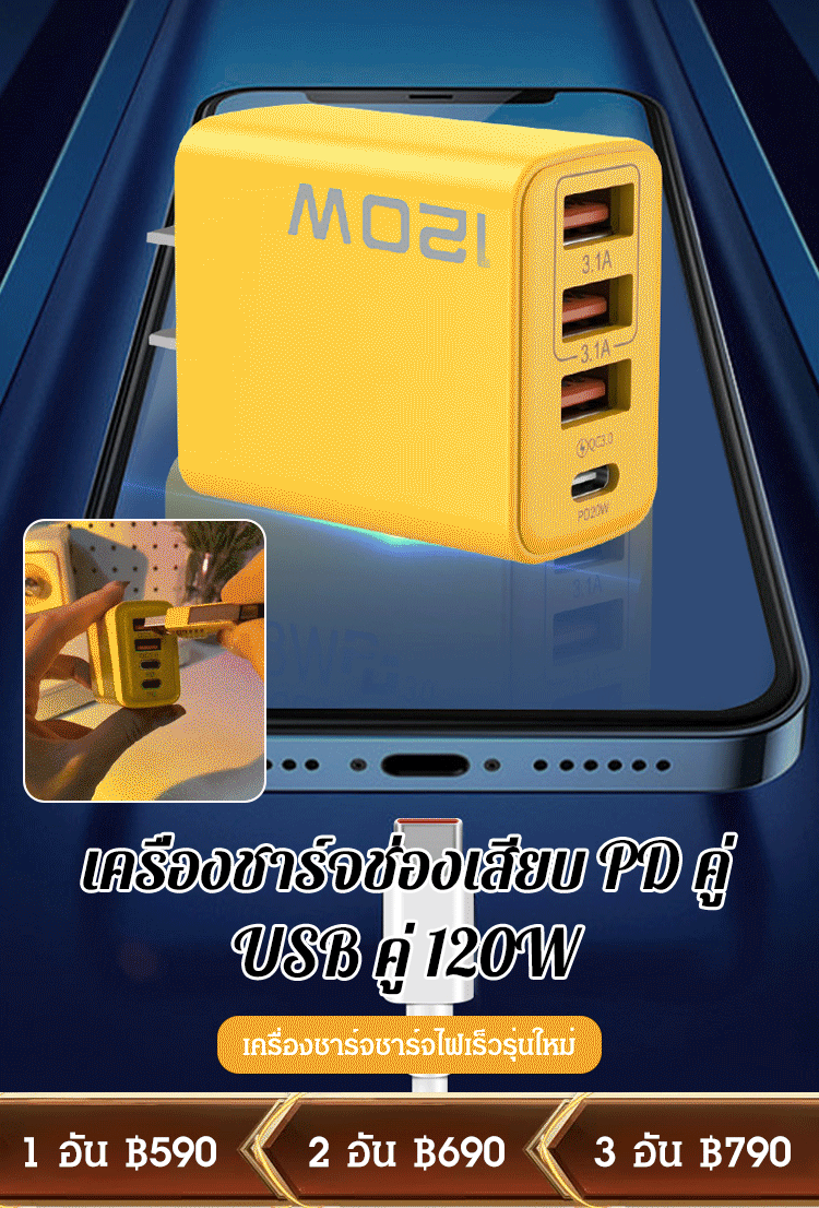 เครื่องชาร์จช่องเสียบ PD คู่ + USB คู่ 120W