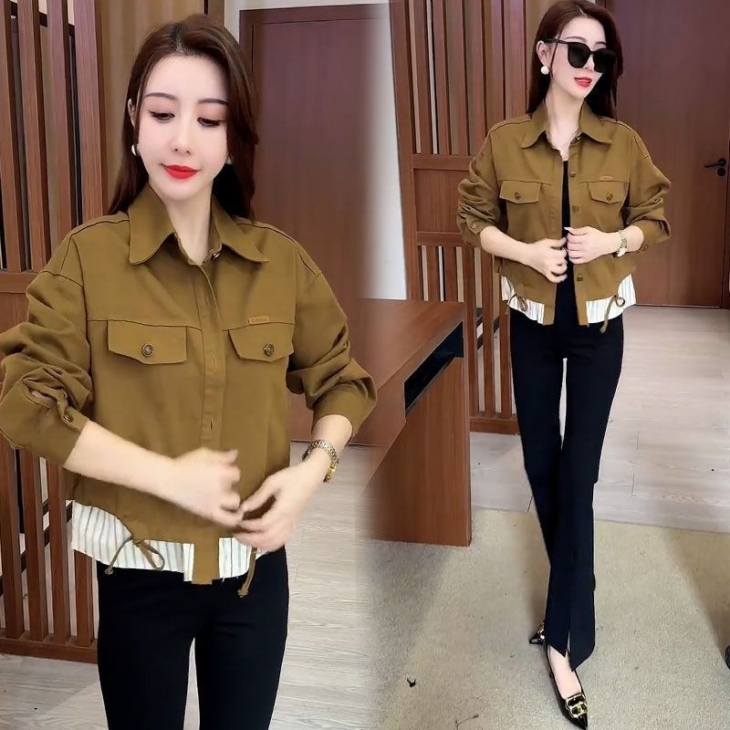 เสื้อแจ็คเก็ตสั้นเย็บต่อแฟชั่นแมทช์ง่ายดูผอม 