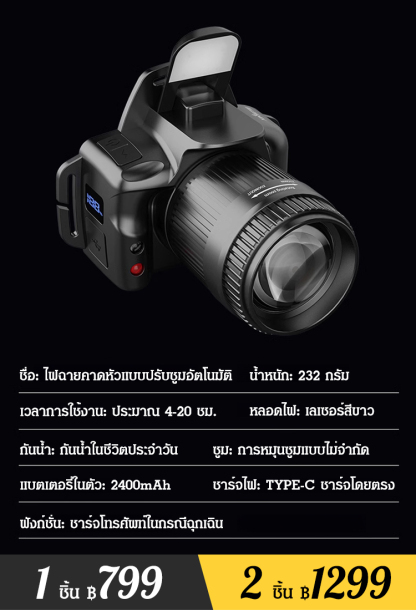 【เซนเซอร์ แสงจ้า】ไฟฉายคาดหัวแบบยืดหด สำหรับใช้งานกลางแจ้ง