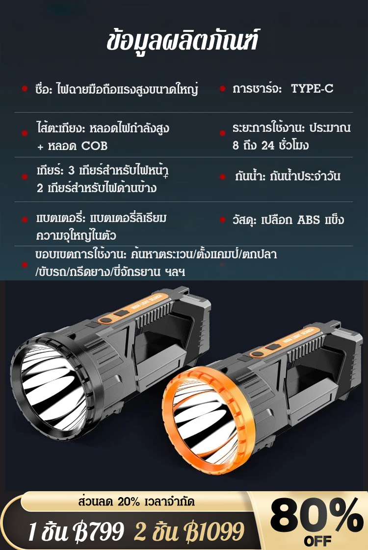  [ไม่กลัวความมืด] ไฟฉายมือถือแรงสูงขนาดใหญ่