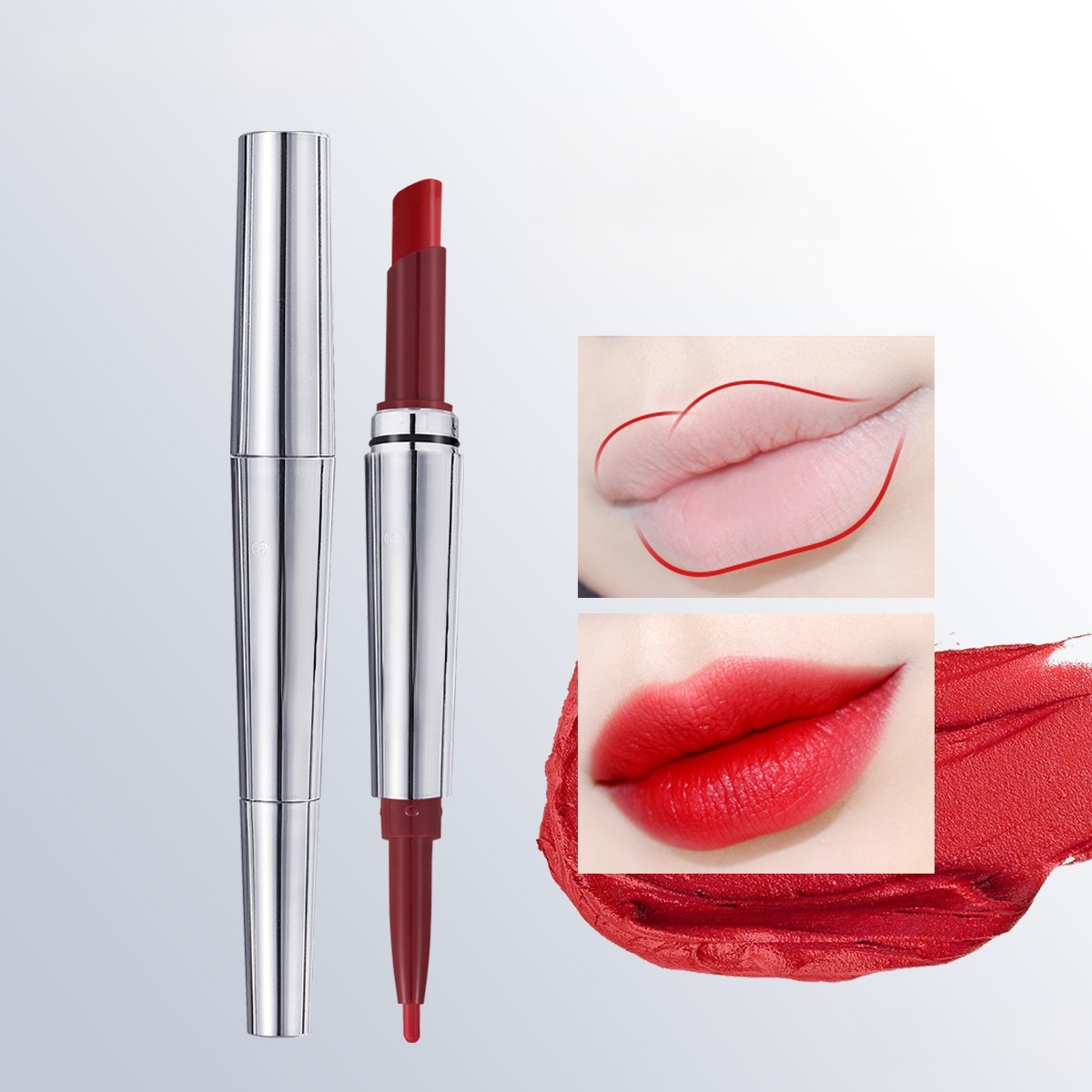 ลิปสติกและดินสอเขียนขอบปากไม่ติดแก้วแบบสองหัว 