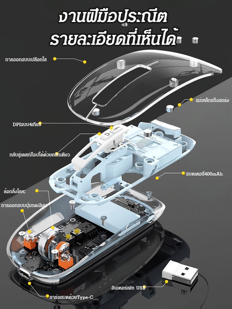 เมาส์แบบใสไร้สายแบบแม่เหล็ก