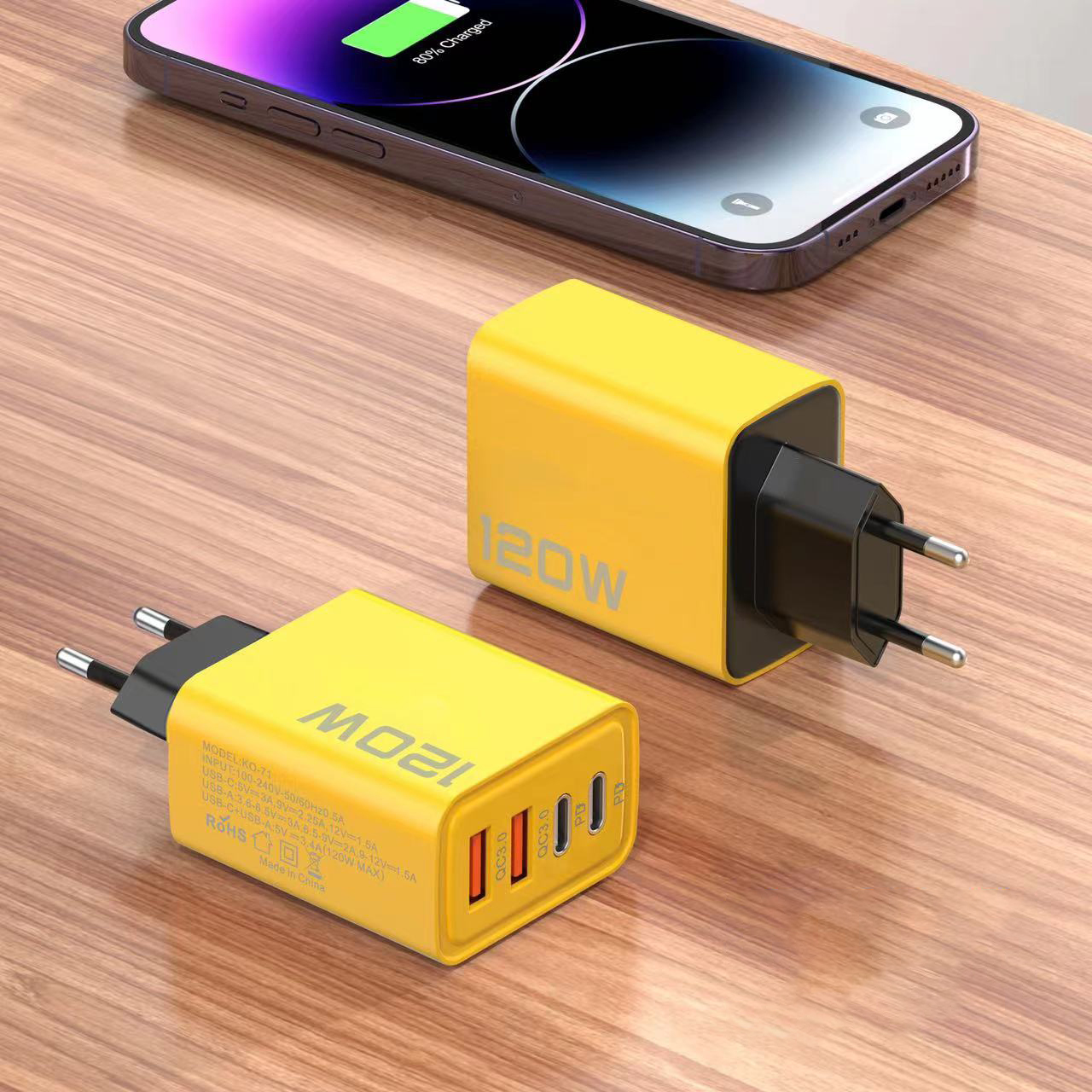 เครื่องชาร์จช่องเสียบ PD คู่ + USB คู่ 120W