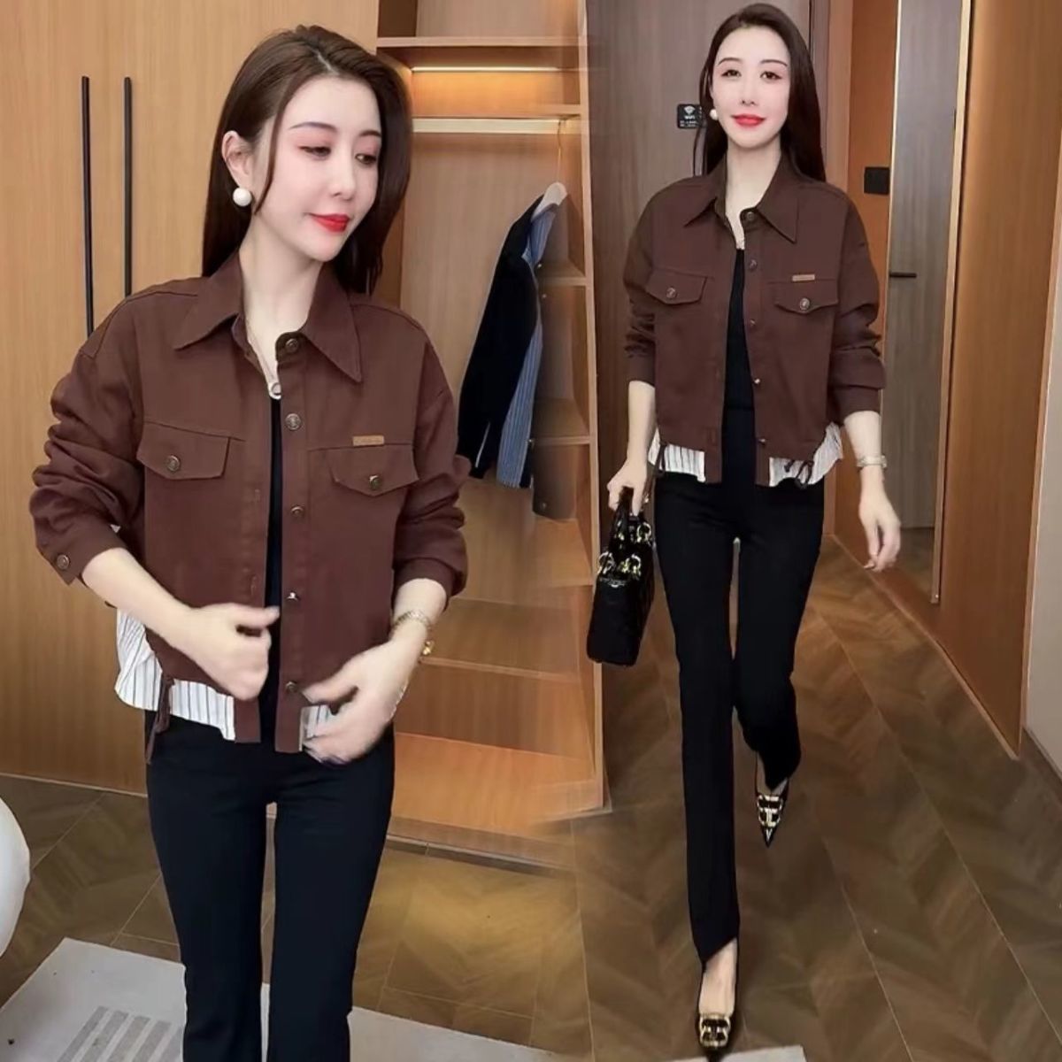 เสื้อแจ็คเก็ตสั้นเย็บต่อแฟชั่นแมทช์ง่ายดูผอม 