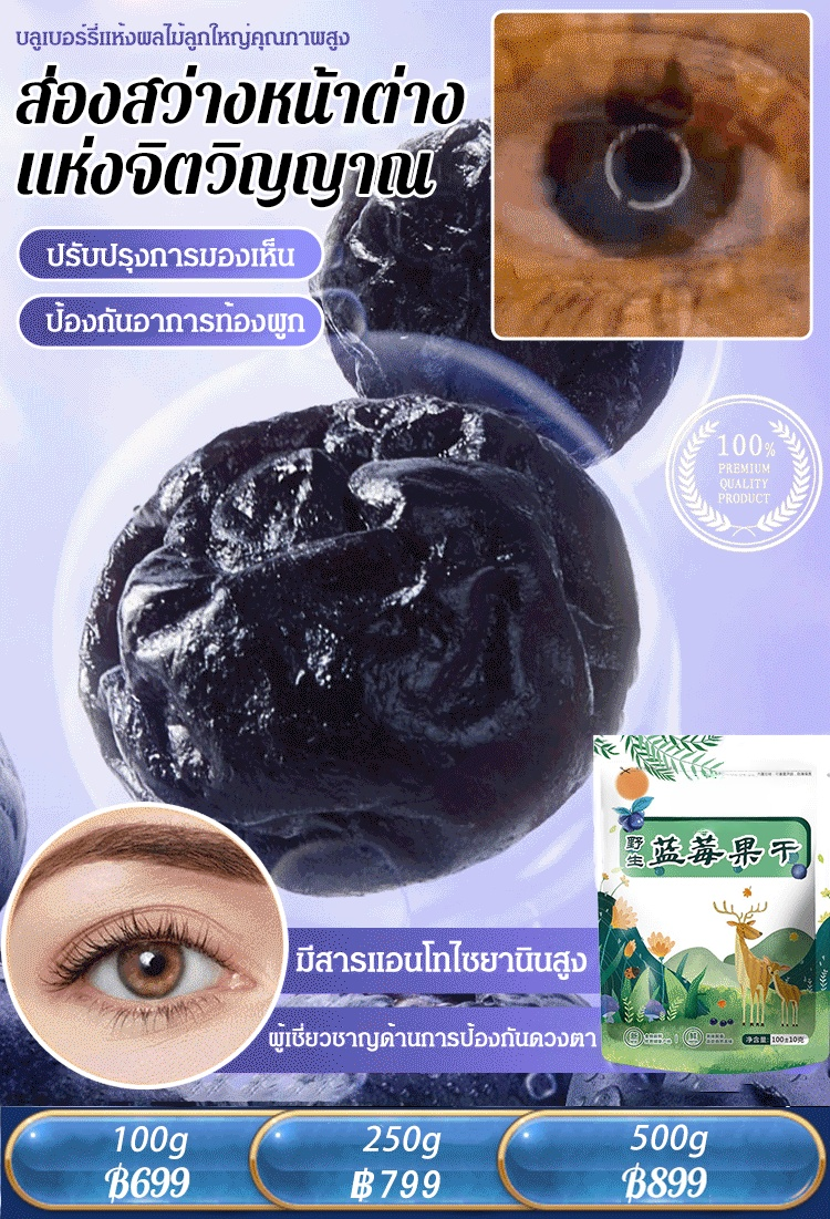 [ไม่มีสารปรุงแต่ง] บลูเบอร์รี่ป่าแห้งจากภูเขาฉางไป๋