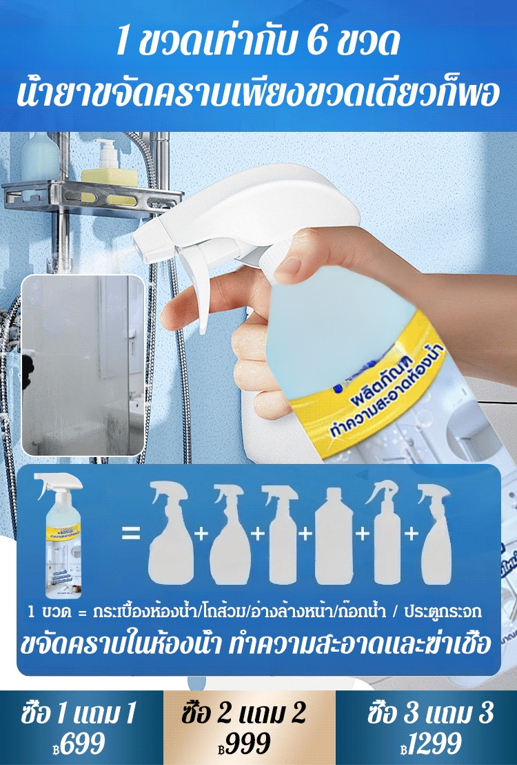 【ขวดเดียวจัดการคราบหลากหลาย】สเปรย์ทำความสะอาดห้องน้ำ