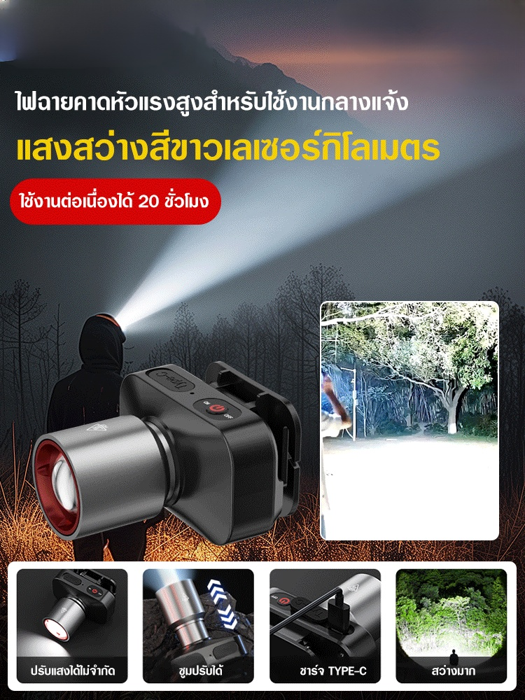 【ดวงตาแห่งรัตติกาล】ไฟฉายคาดหัวเลเซอร์สีขาวปรับซูมแบบยืดไสลด์