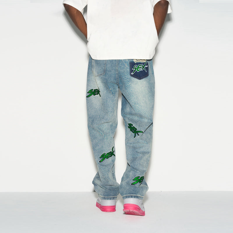 Distressed Embroidered Loose Jeans