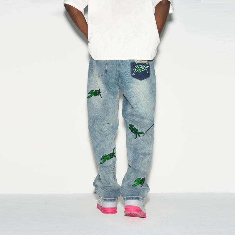 Distressed Embroidered Loose Jeans