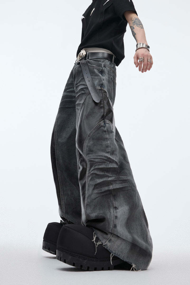 Vintage Distressed PU Patch Jeans