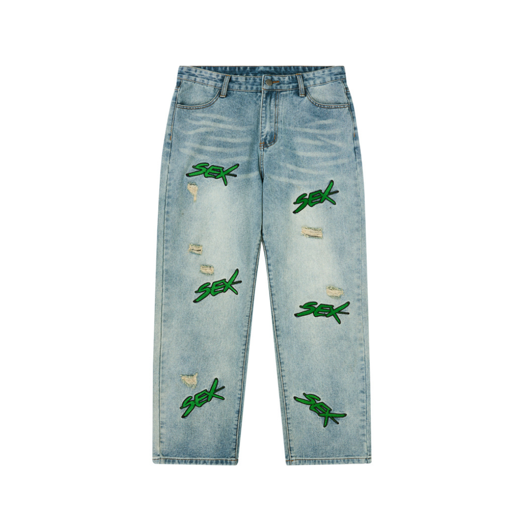 Distressed Embroidered Loose Jeans