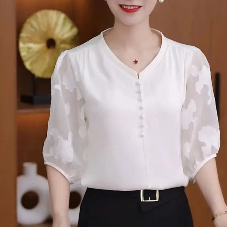 【ผู้หญิงมีเสน่ห์】เสื้อเชิ้ตผ้าไหมคอวีสง่างาม