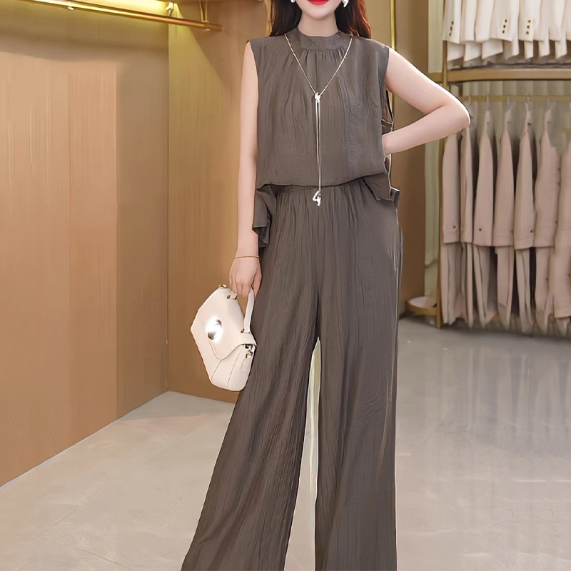 [ผ้าไหมระดับไฮเอนด์] ชุดกางเกงขากว้างและเสื้อแขนกุดบางเบา 2 ชิ้น