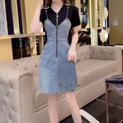 ชุดเดรสยีนส์แต่งหลอก 2 ชิ้น