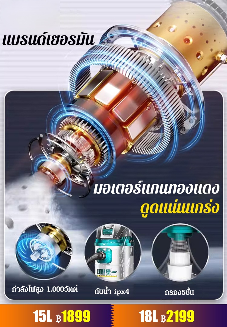 [เป่า ดูดเปียก และแห้ง]  เครื่องดูดฝุ่นแบบถัง สำหรับครัวเรือน และอุตสาหกรรม แรงดูดสูง