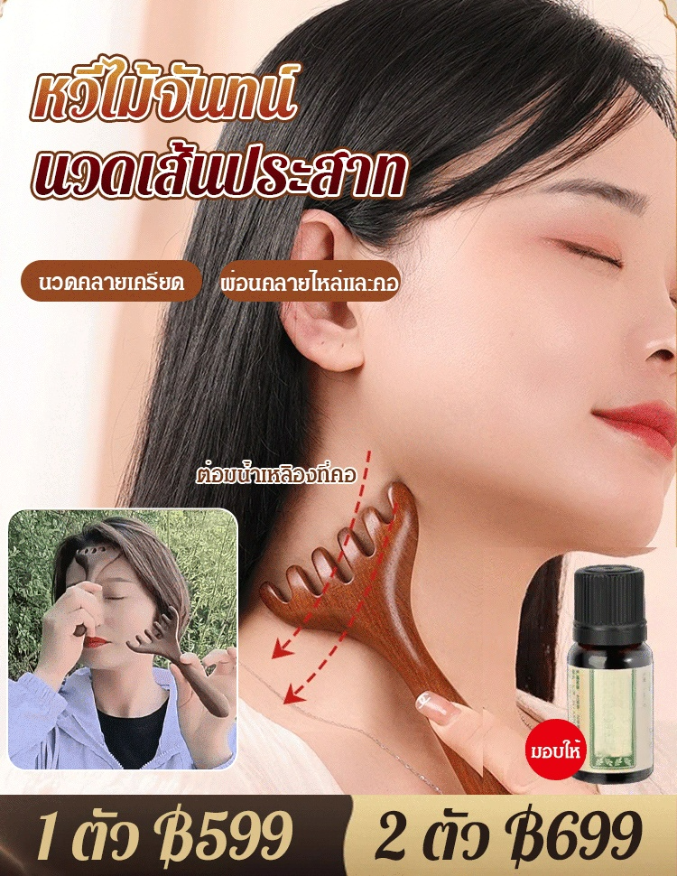 หวีนวดเส้นเมริเดียน 6 ซี่ ไม้จันทน์