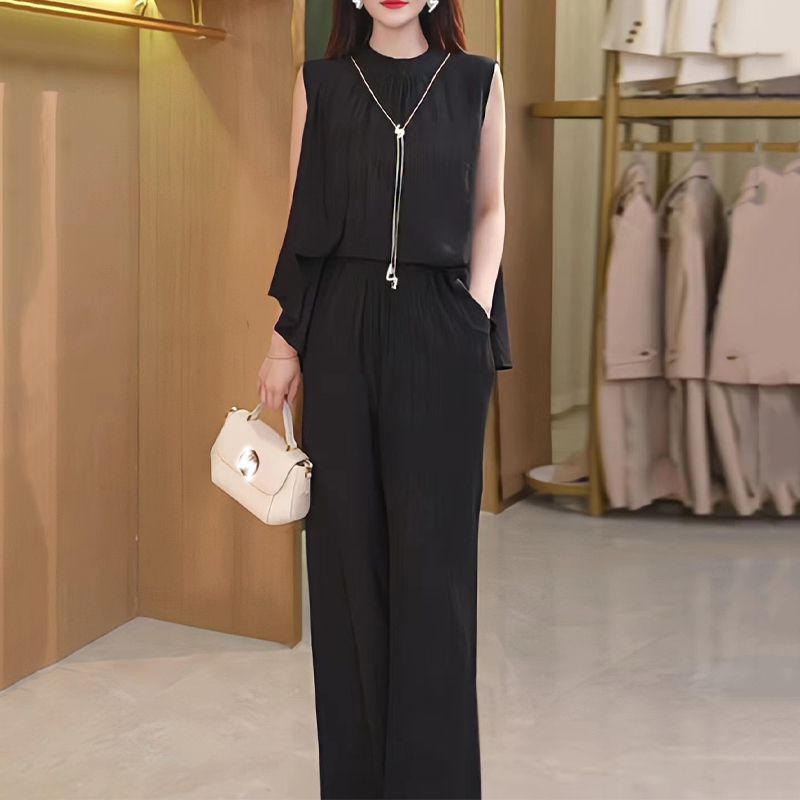 [ผ้าไหมระดับไฮเอนด์] ชุดกางเกงขากว้างและเสื้อแขนกุดบางเบา 2 ชิ้น