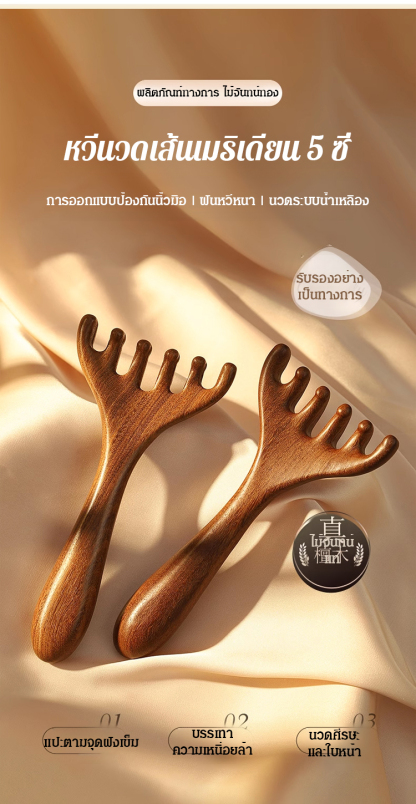 หวีนวดเส้นเมริเดียน 6 ซี่ ไม้จันทน์