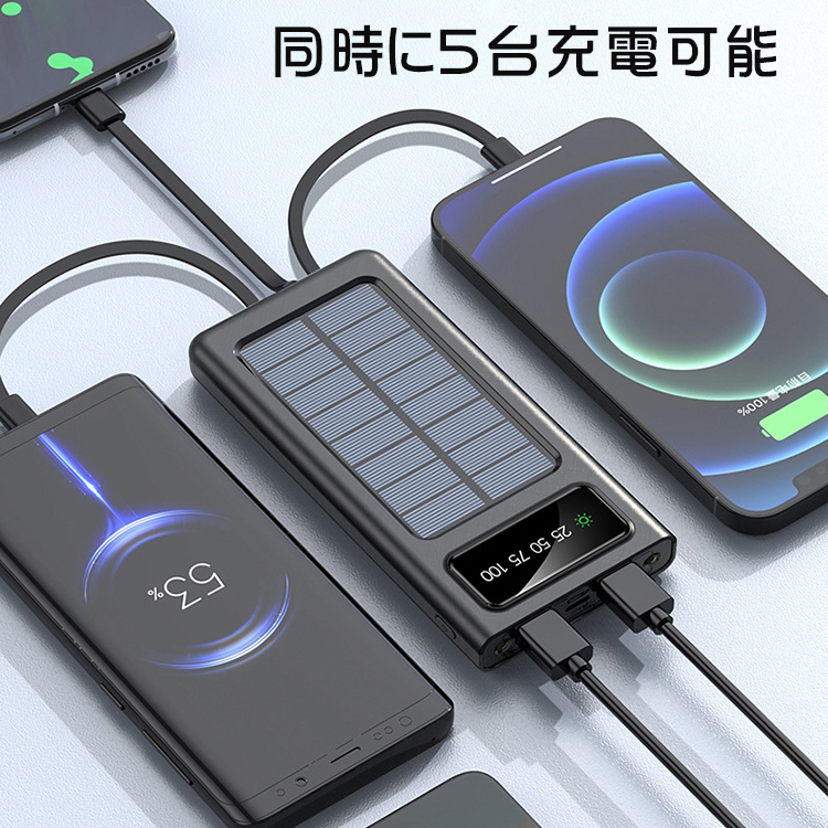 4本ケーブル付きソーラーモバイルバッテリー