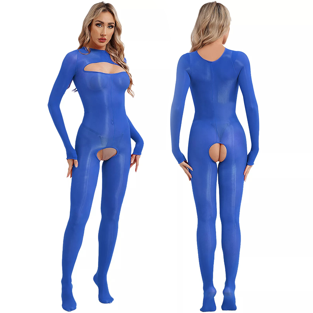 Shiny Sheer Silk Long Sleeve Open Crotch Bodysuit