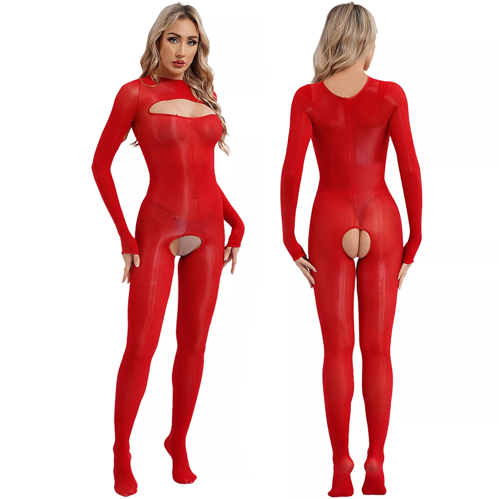 Shiny Sheer Silk Long Sleeve Open Crotch Bodysuit