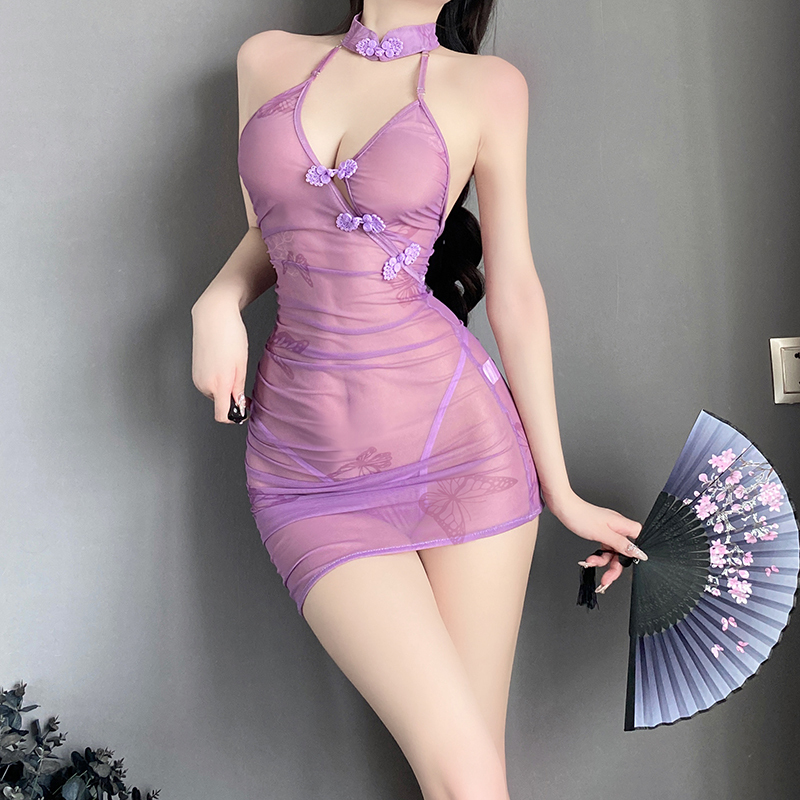Sexy ancient style cheongsam butterfly love flower transparent hip-wra