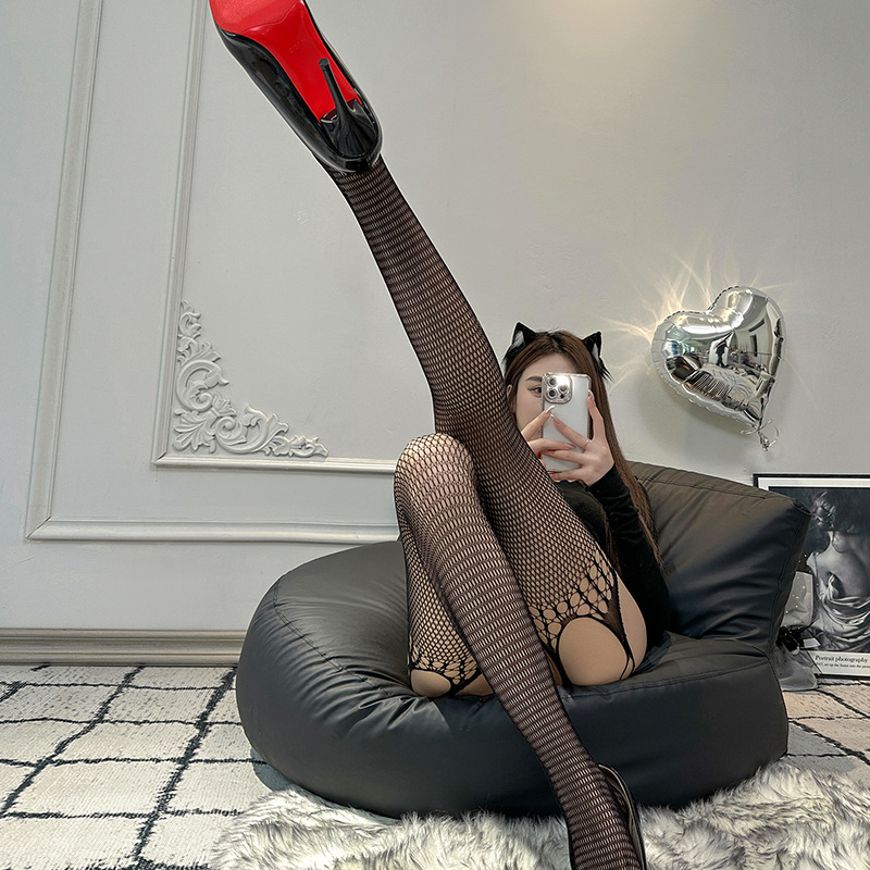 Sexy suspenders fishnet stockings sexy black silk temptation jumpsuit no need to take off the crotch
