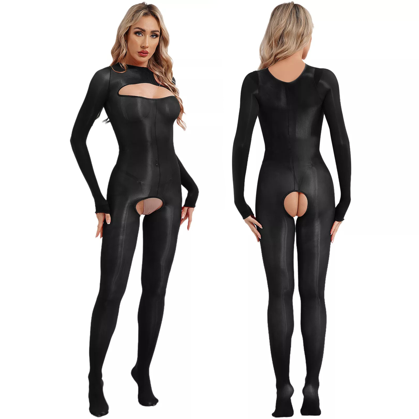 Shiny Sheer Silk Long Sleeve Open Crotch Bodysuit