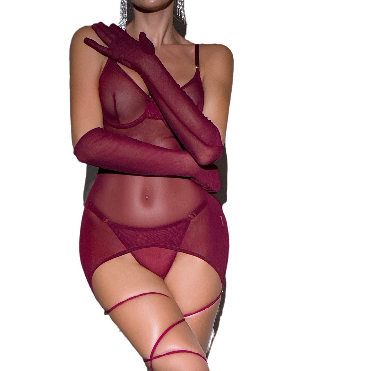 Sexy mesh backless see-through rope glove three-piece set