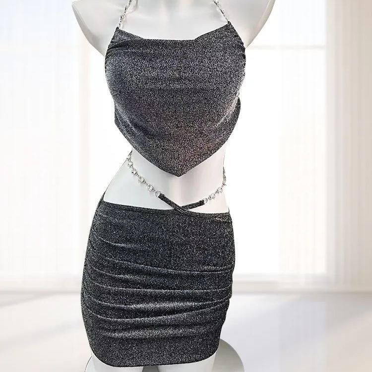 Halter neck backless slim fit vest low waist sexy hip skirt suit