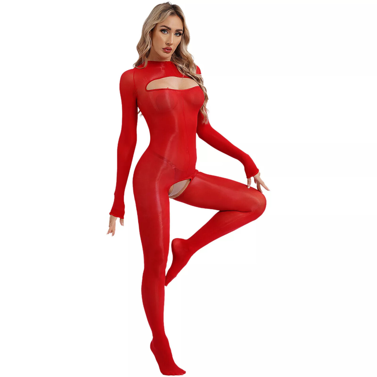Shiny Sheer Silk Long Sleeve Open Crotch Bodysuit