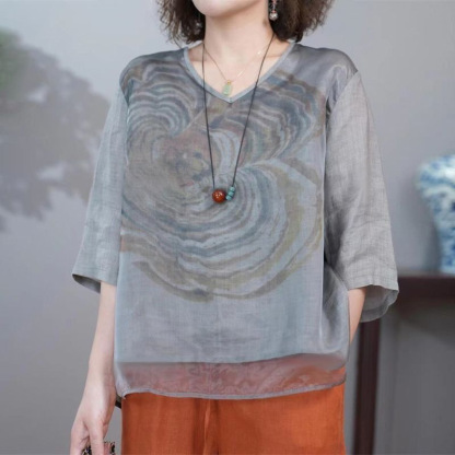 เสื้อยืดแขนสั้นผ้าไหมสไตล์วินเทจรุ่นใหม่ในฤดูกาลนี้
