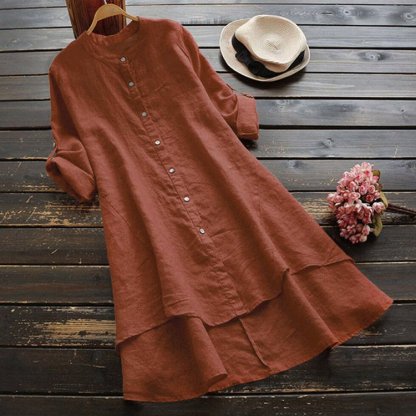 ชุดเดรสผ้าฝ้ายลินินชายเสื้อเก๋รุ่นยาว 