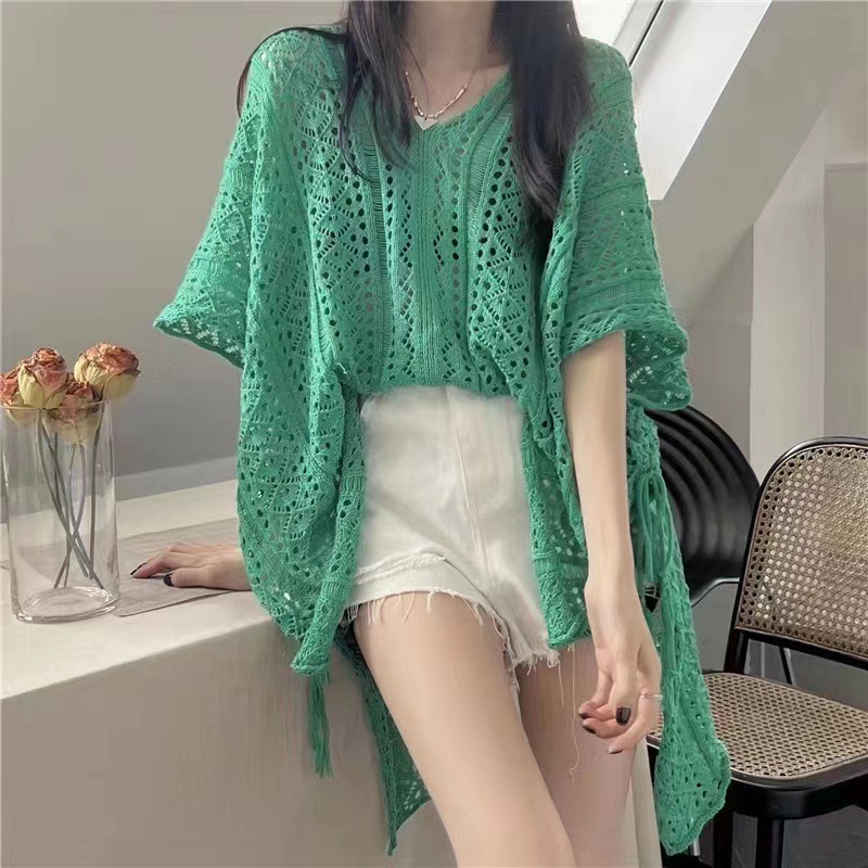 เสื้อคลุมถักคอวีผูกเชือกแบบโปร่ง-สไตล์วันหยุดป้องกันแสงแดด