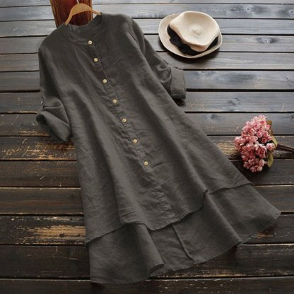 ชุดเดรสผ้าฝ้ายลินินชายเสื้อเก๋รุ่นยาว 