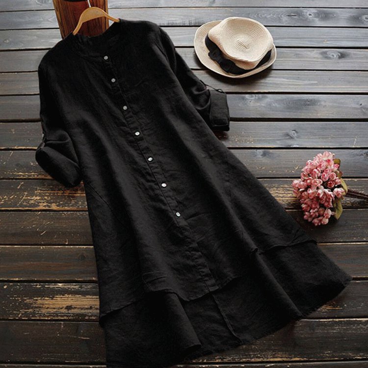 ชุดเดรสผ้าฝ้ายลินินชายเสื้อเก๋รุ่นยาว 