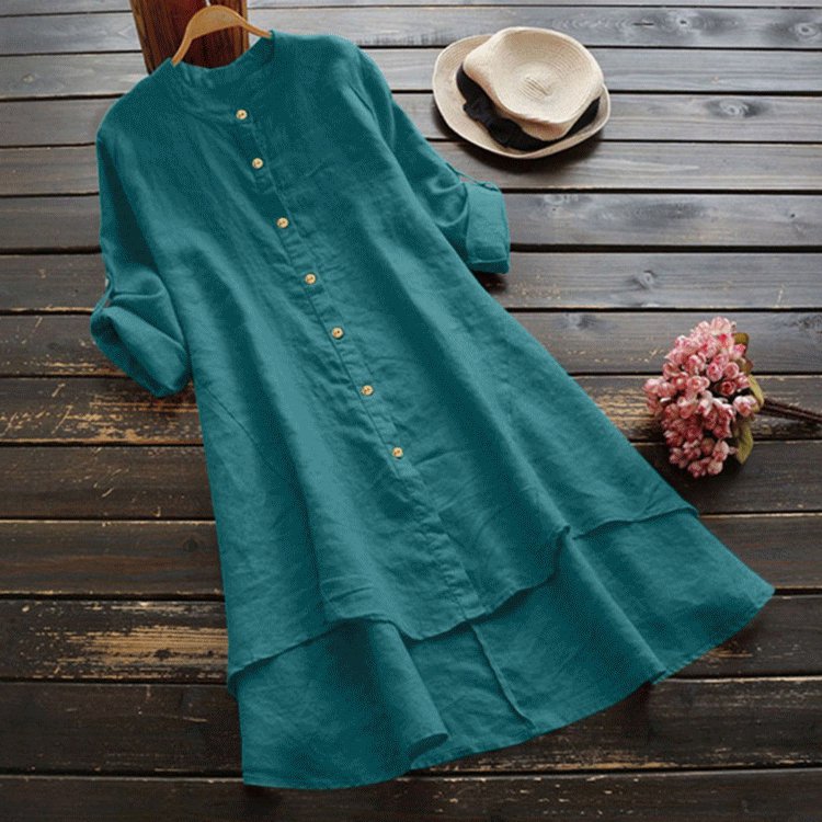 ชุดเดรสผ้าฝ้ายลินินชายเสื้อเก๋รุ่นยาว 