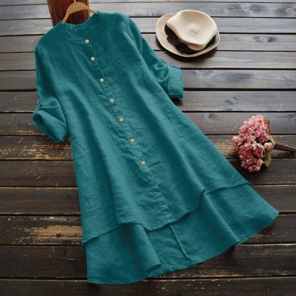 ชุดเดรสผ้าฝ้ายลินินชายเสื้อเก๋รุ่นยาว 