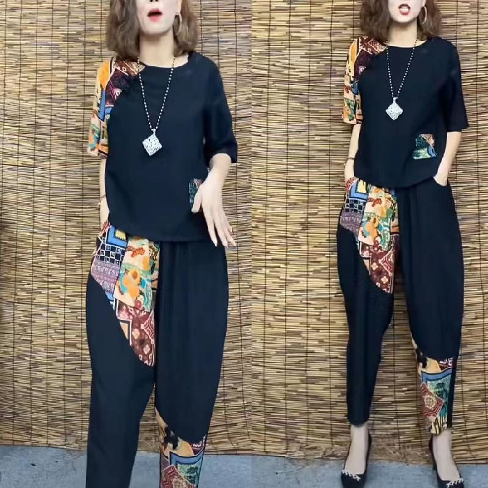 ชุดเสื้อยืดกางเกงลำลองผ้าฝ้ายและผ้าลินินแบบสองตัว
