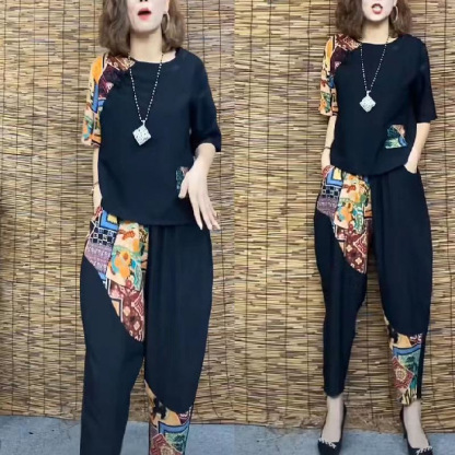 ชุดเสื้อยืดกางเกงลำลองผ้าฝ้ายและผ้าลินินแบบสองตัว