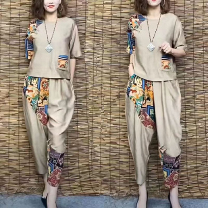ชุดเสื้อยืดกางเกงลำลองผ้าฝ้ายและผ้าลินินแบบสองตัว