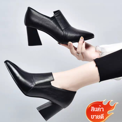 【30 ปีไม่ล้าสมัย ไม่ลอก】รองเท้าหนังนิ่มหัวแหลมส้นหนา 