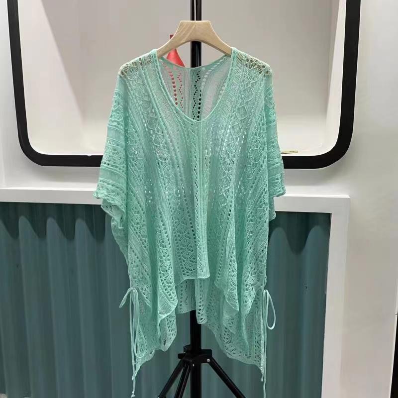 เสื้อคลุมถักคอวีผูกเชือกแบบโปร่ง-สไตล์วันหยุดป้องกันแสงแดด